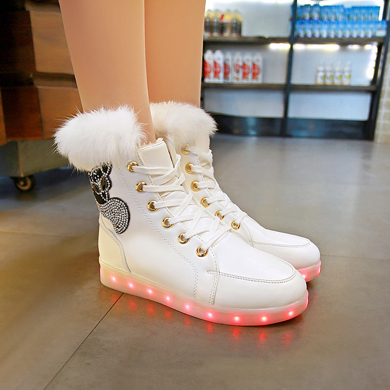 New LED Colorful Light Shoes USB Charging True Rabbit Fur Snow Boots What Else You Got?