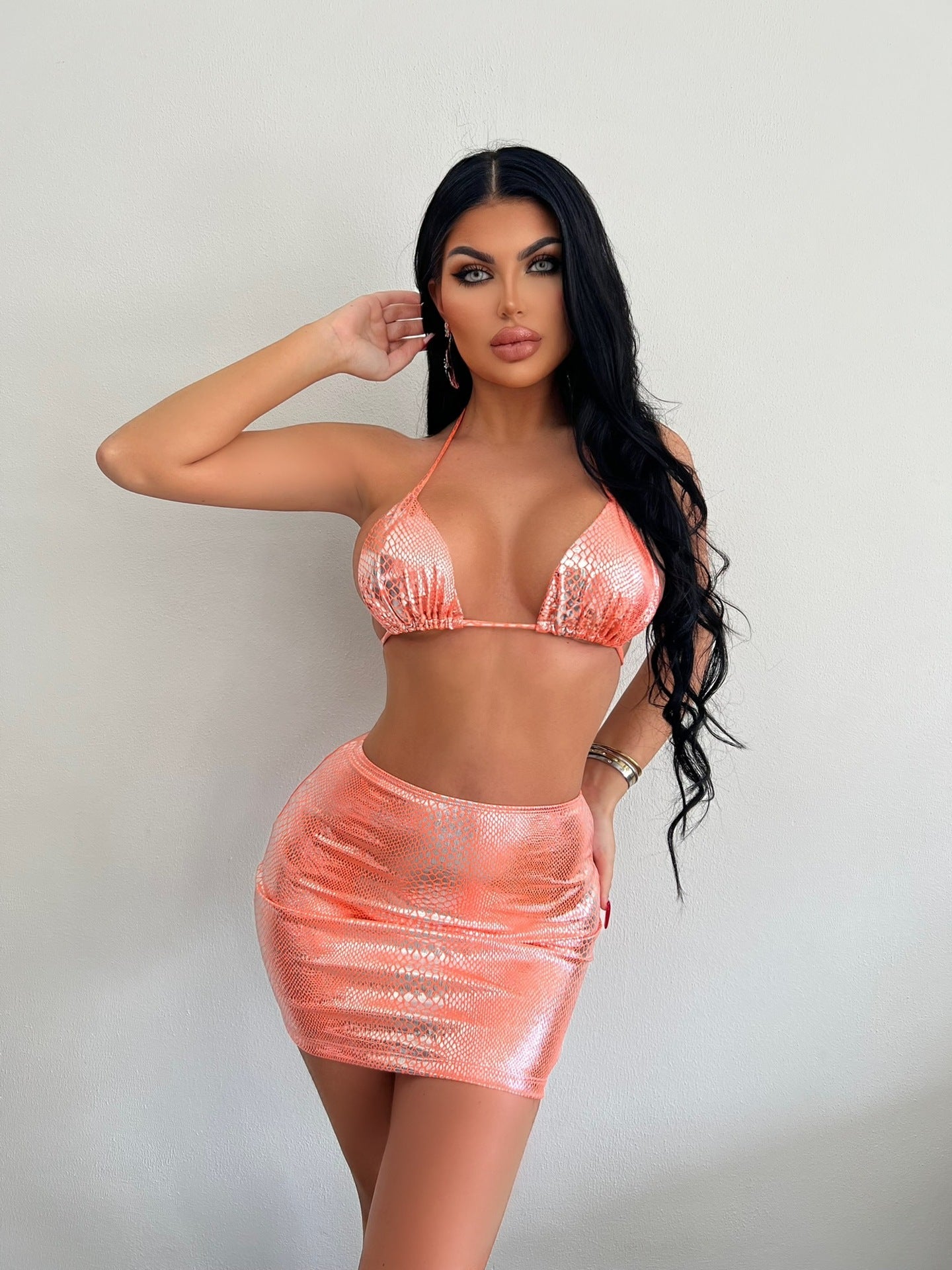 Women's 3 Piece Bathing Suits Halter Snake Pattern Bikini Set With Cover Up Skirt Summer Swimsuit What Else You Got?