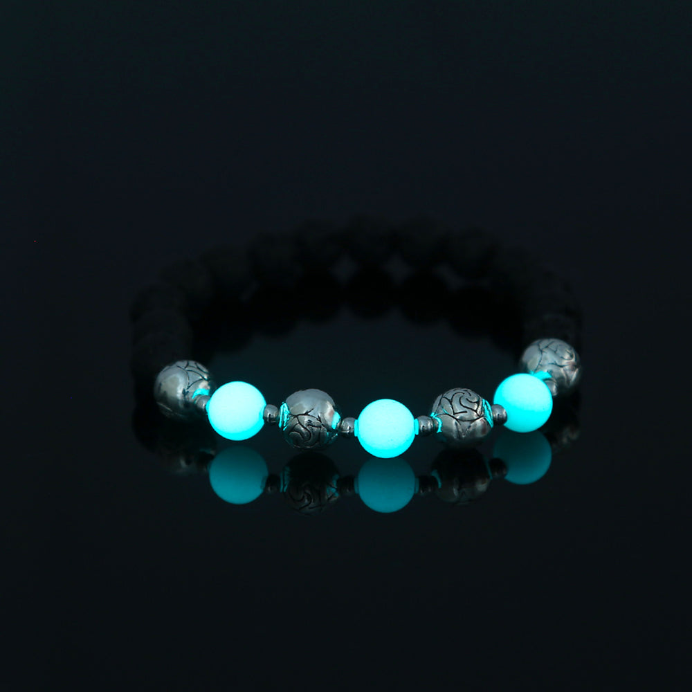 Glowing Faith Bracelet – Black Volcanic Stone with Luminous Beads & Metal Accents (Unisex)