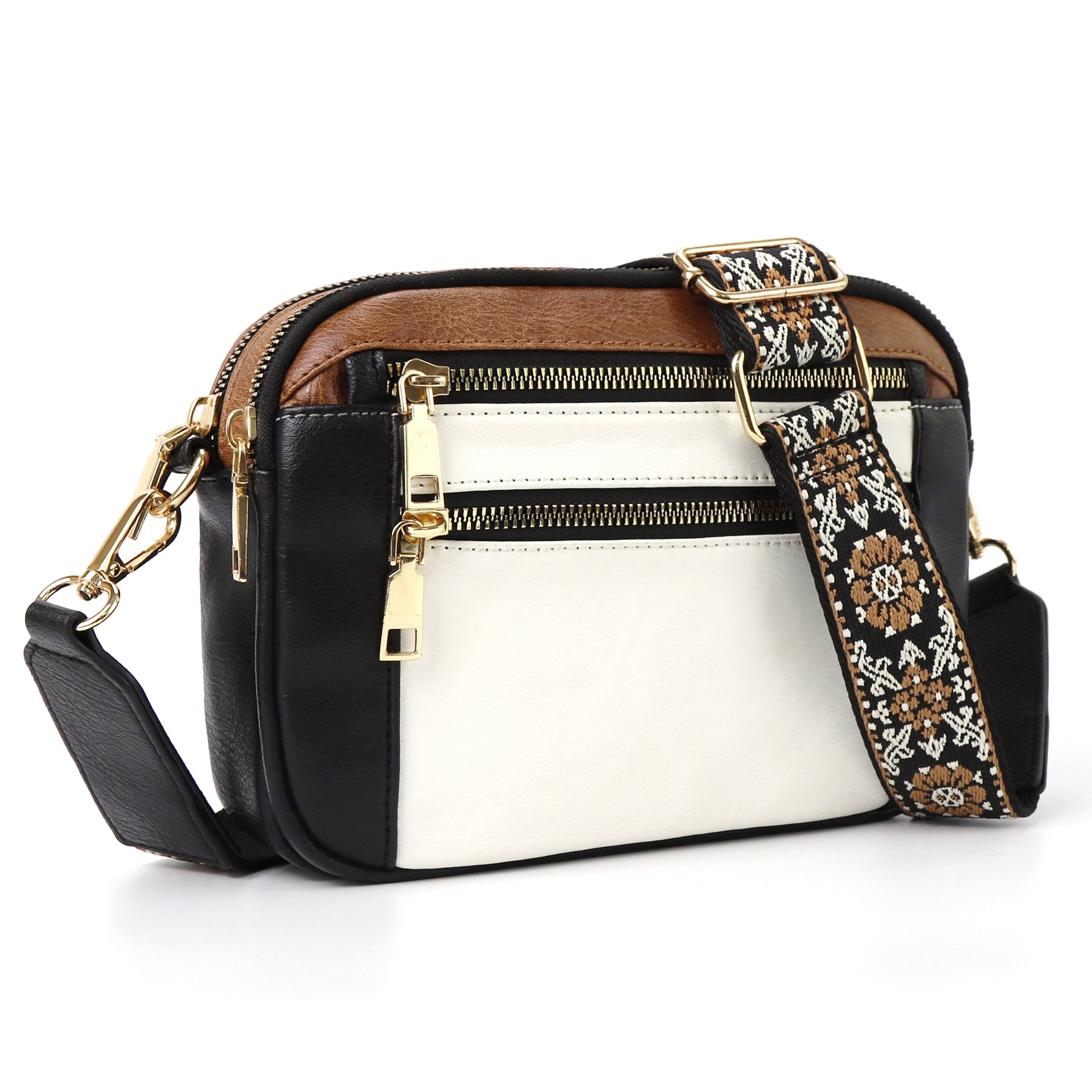Triple-zipper Shoulder Bag With Floral Embroidered Straps Fashion Colorblock Multi-functional Crossbody Bags For Women What Else You Got?