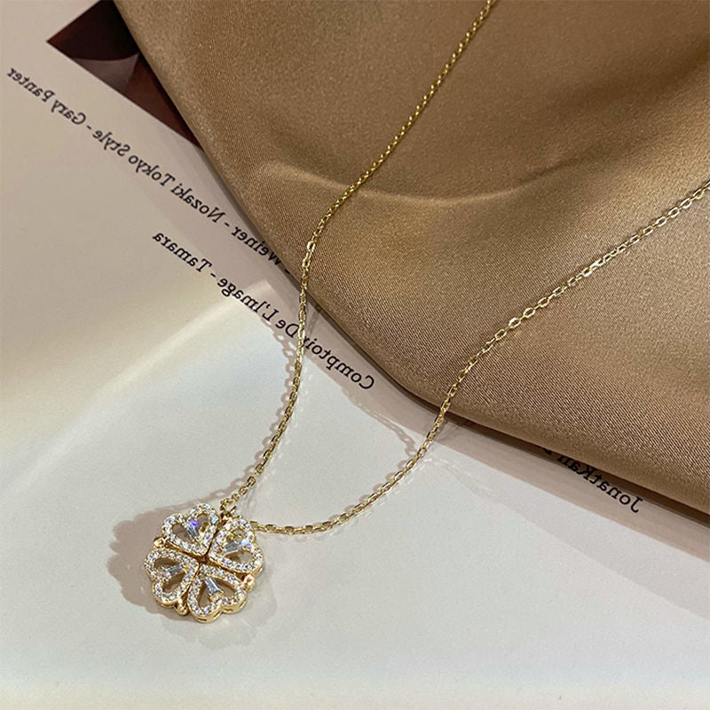 Retro Magnetic Folding Heart & Four‑Leaf Clover Pendant Necklace – 4‑in‑1 Openable Love Pendant Clavicle Chain What Else You Got?
