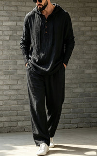 Mens Linen Loose-fit Hoodie And Pants Set