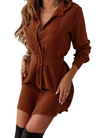 Elegant Lapel Long-Sleeve Belt Dress - Stylish Button-Down Christian Women's Fashion