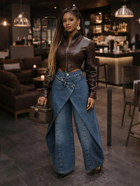 Retro High-waisted Cross-over Metal Buckle Irregular Wide-leg Pants
