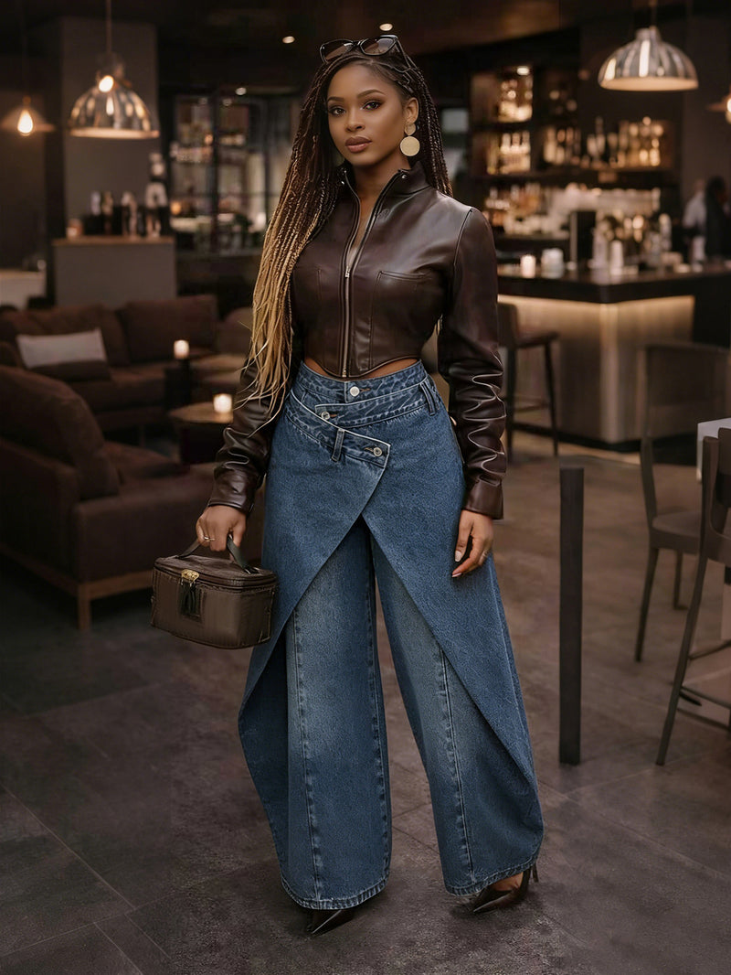 Retro High-waisted Cross-over Metal Buckle Irregular Wide-leg Pants