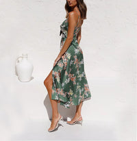 Graceful Flower Print Split Suspender Dress - Elegant Sleeveless Summer Beach Wear with Hollow Bowknot Design