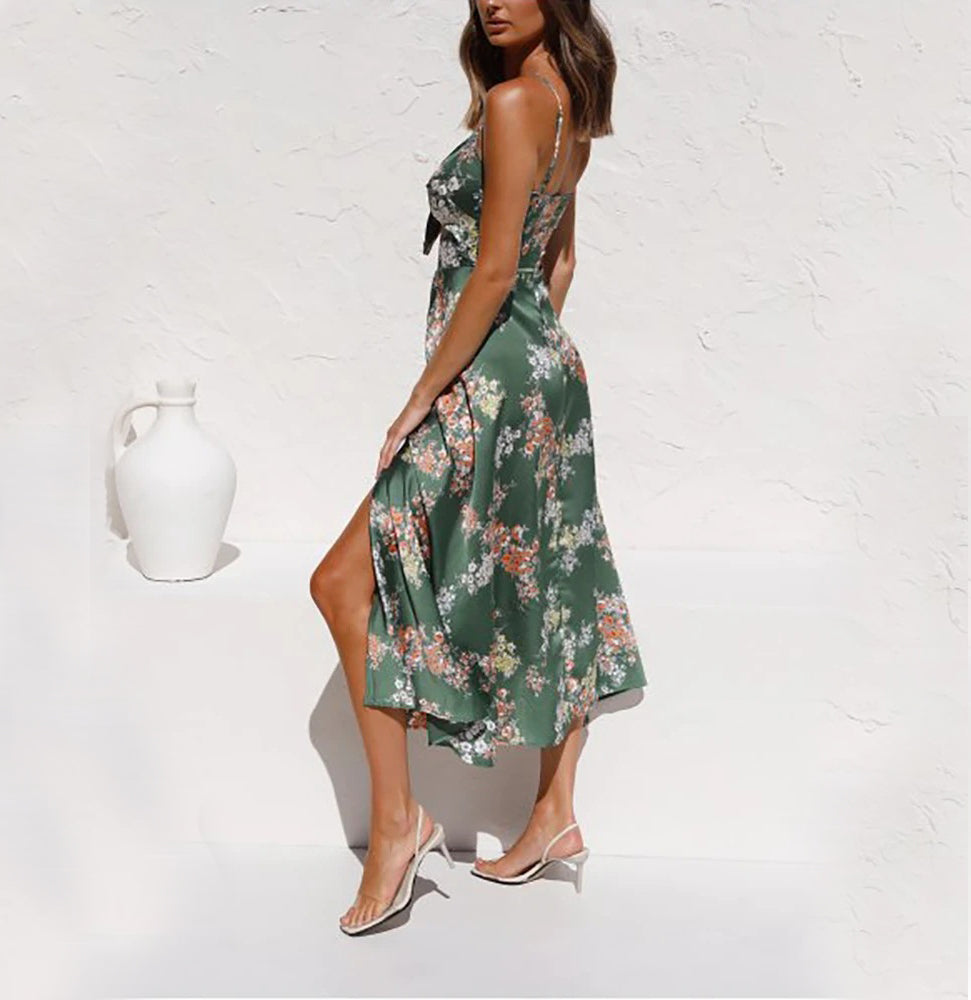 Flower Print Split Suspender Dress With Hollow Bowknot Design Ins Fashion Sleeveless Beach Dresses Summer Women's Clothing What Else You Got?