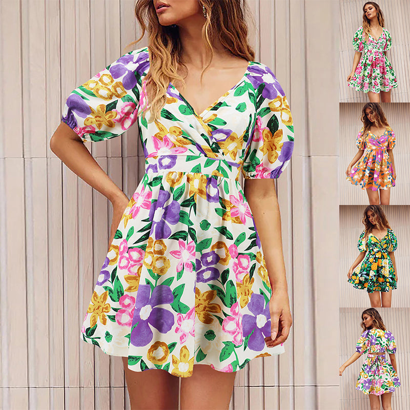 Blooming Beauty: Floral V-Neck Lantern Sleeve Dress