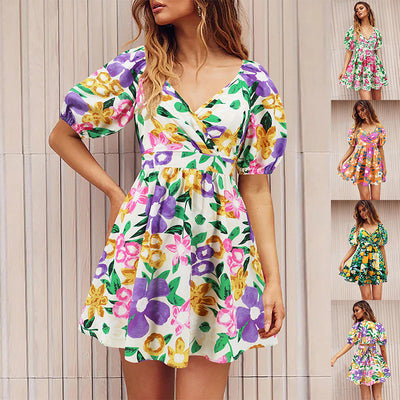 Blooming Beauty: Floral V-Neck Lantern Sleeve Dress