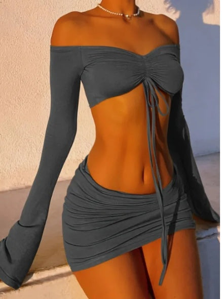 Drawstring Drop Ruched Off Shoulder Two-piece Skirt Set Y2K Long Sleeve Top & Bodycon Skirt Outfits Women's Clothing What Else You Got?