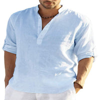 Men's Breathable Linen-Cotton Long Sleeve Shirt - Stand Collar Casual Wear for Spring & Summer