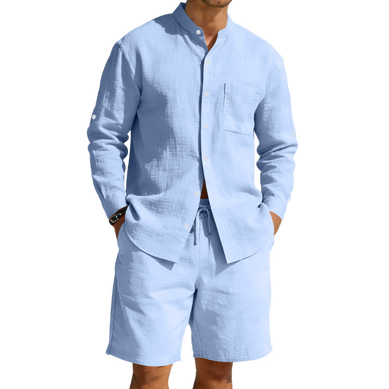 Mens Casual Linen Shirt And Shorts Set Summer Vintage Stand Collar Shirts Men Comfortable Breathable Beach Suits What Else You Got?