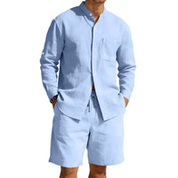 Men's Linen Summer Shirt & Shorts Set - Breathable Vintage Stand Collar Beach Suit - Lightweight & Comfortable