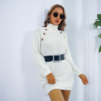 Elegant Winter Turtleneck Sweater Dress - Button Design, Long Sleeve & Cozy Fit for Women