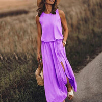 Elegant Women's Summer Dresses - Side Slit A-Line Sundress with Pockets (Solid Casual O-Neck Sleeveless)