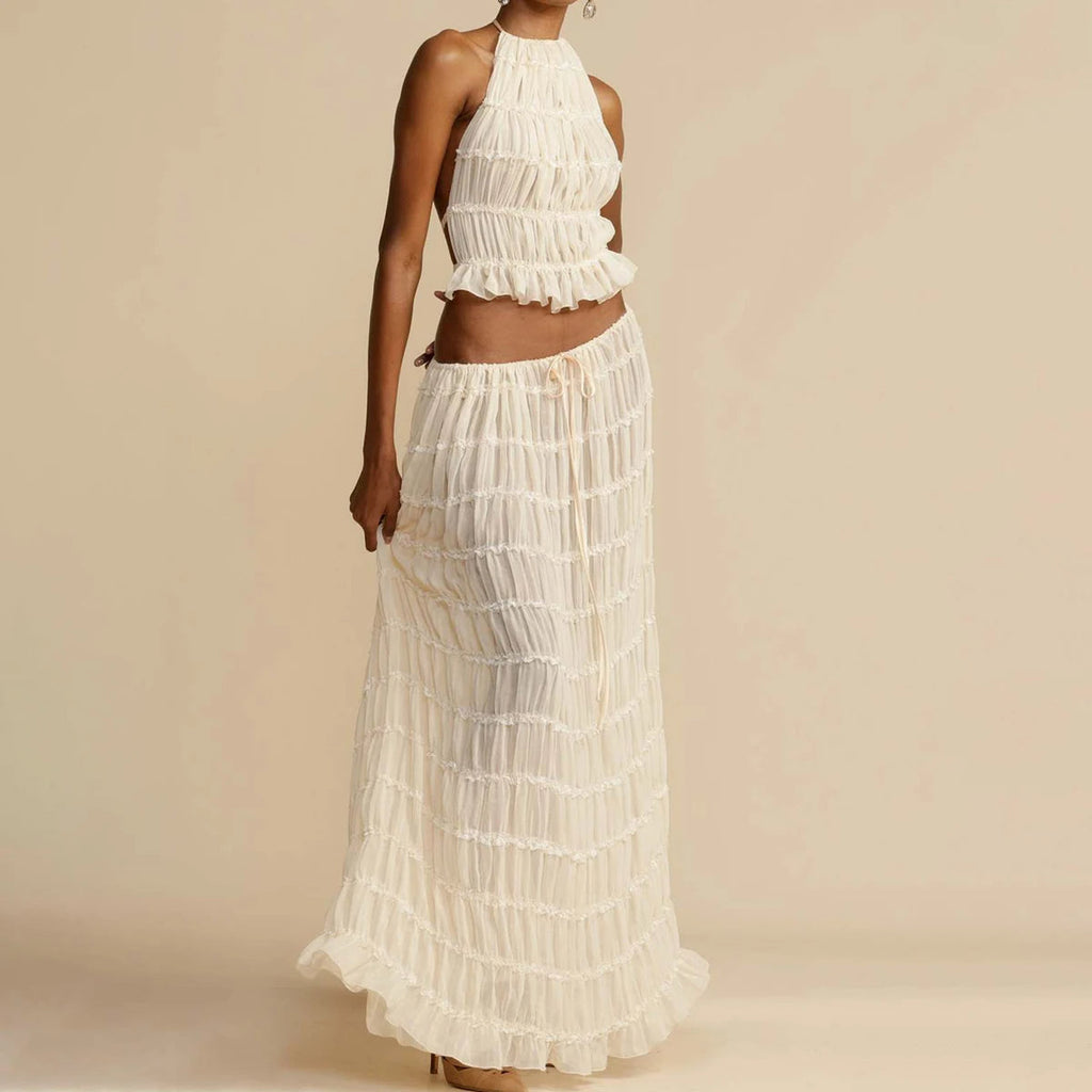 2pcs Women's Dress Suit Sexy Sleeveless Backless Cropped Halter Top And Pleated Long Skirt Beach Clothing What Else You Got?