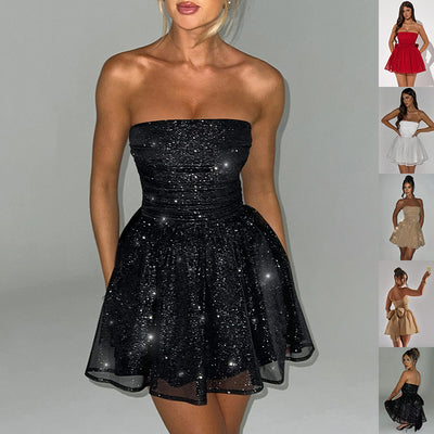 Women's Tube Top Lace Mini Dress – Mesh Off-Shoulder Party Dress