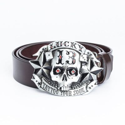 Skull Buckle Men's Leather Belt - Trendy Christian Skateboard Style - Genuine Leather