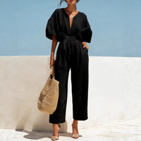 Women's V-Neck Cotton-Linen Jumpsuit – Breathable Summer Chic & Timeless Elegance