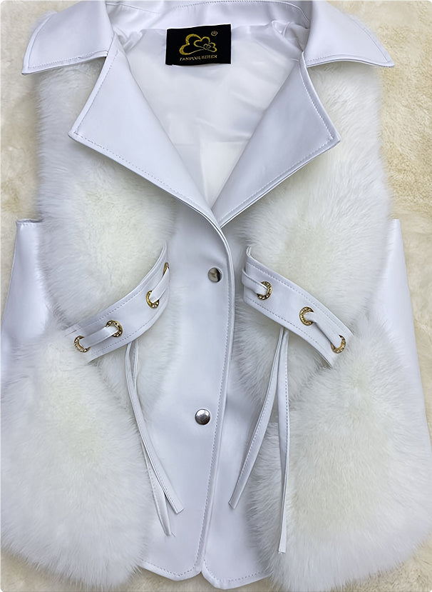 Women’s Winter Faux Fur Vest – Short Patchwork Warm Sleeveless Coat (Milk Tea & Camel) What Else You Got?