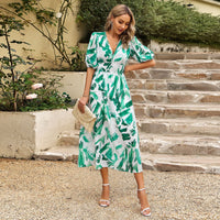 Elegant Seaside Grace Maxi Dress: V-Neck Printed Chiffon for Summer Vacations