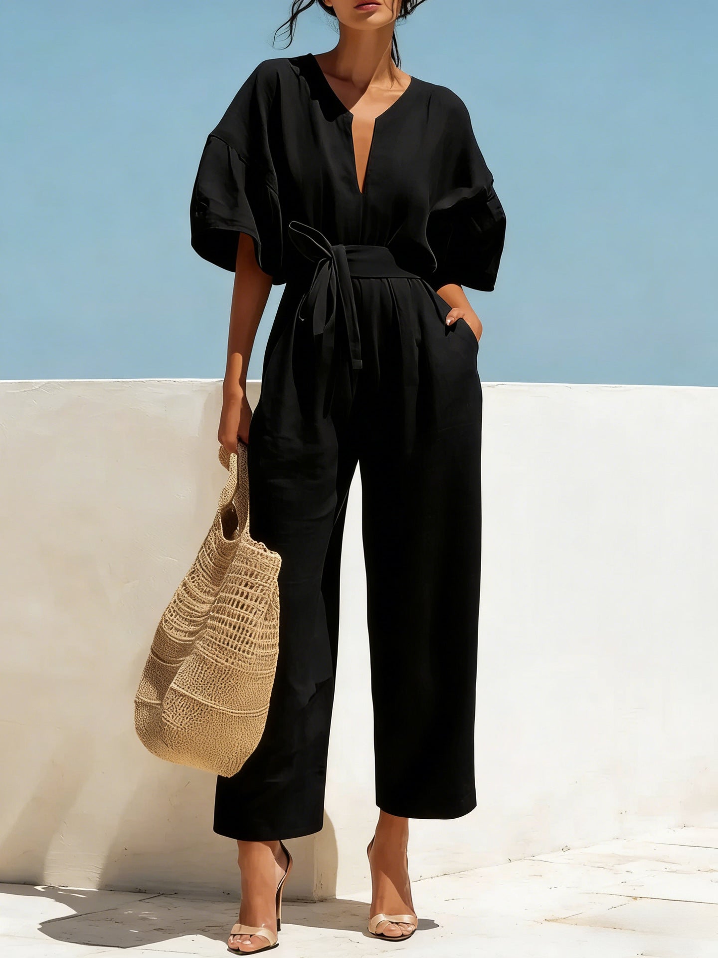 Fashionable V-Neck Solid Color Cotton-Linen Jumpsuit For Women What Else You Got?