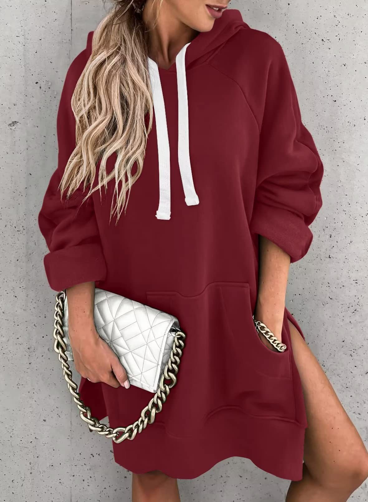 Women's Hooded Sweatshirt With Pockets Fashion Casual Split Mid-length Sweater Drawstring Tops What Else You Got?