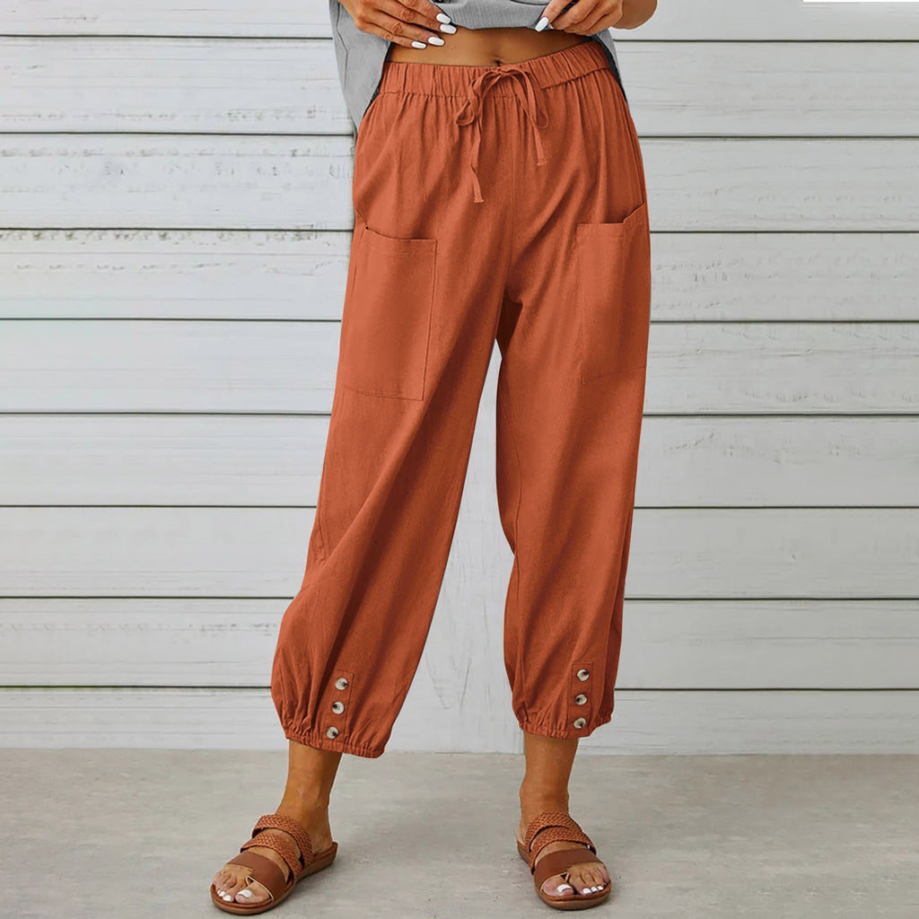 Women Drawstring Tie Pants Spring Summer Cotton And Linen Trousers With Pockets Button What Else You Got?