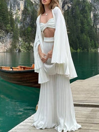 White Pleated Vest Cardigan Three-piece Wide-leg Pants Suit