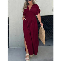Elegant Bat-Sleeve Maxi Dress – V-Neck Slit with Elastic Waist for Summer | Summer Elegance