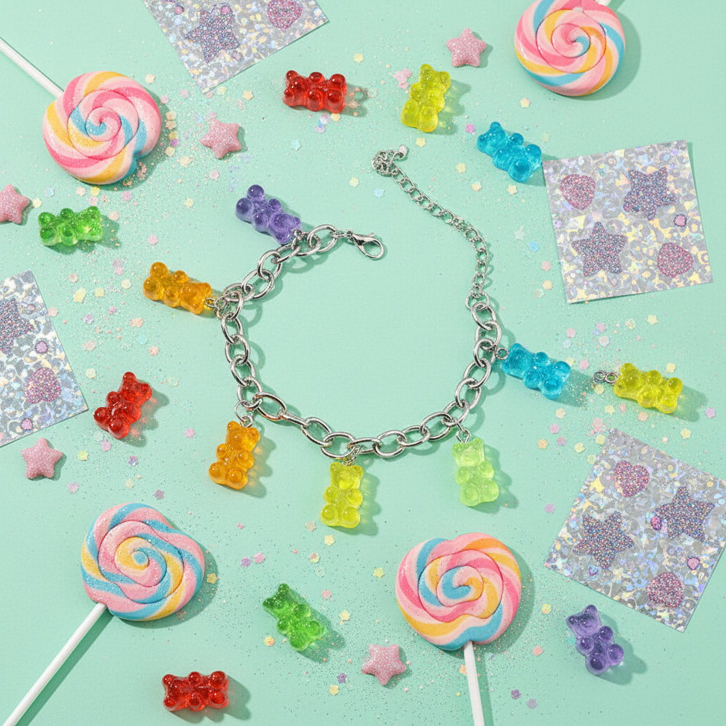 Y2K Gummy Bear Charm Bracelet – Candy Bear Pendant Jewelry