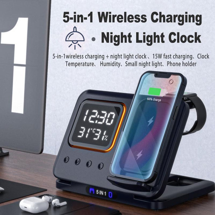 5-in-1 Wireless Charging Dock with LED Alarm Clock – 15W Multi-Device Charging Station
