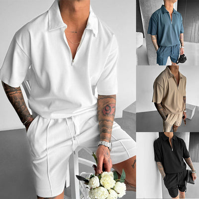Men's Summer Breathable Zipper Polo & Drawstring Shorts Set - Comfortable Casual Outfit