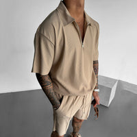 Men's Summer Breathable Zipper Polo & Drawstring Shorts Set - Comfortable Casual Outfit