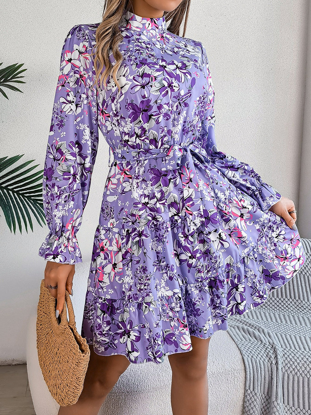 Standing Collar Floral Print Waist-controlled Long Sleeves Ruffled A-line Dresses For Women Spring Autumn Ruffle Edge Long Dress What Else You Got?