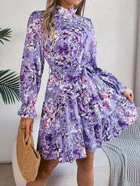 Elegant Floral Print A-Line Midi Dress with Standing Collar & Long Sleeves – Romantic & Flattering