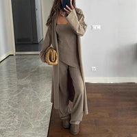 Elegant 3-Piece Modest Knit Set: Chic Cotton Coat & Wide-Leg Pants (Khaki, Gray, Red)