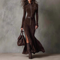 Divine Elegance: High-Waist Fishtail Maxi Dress – Long Sleeve Split Gown for Church & Everyday Grace