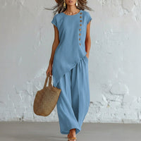 Elegant Women's Two-Piece Crewneck Button-Up & Wide-Leg Pants Set – Casual Chic Outfit
