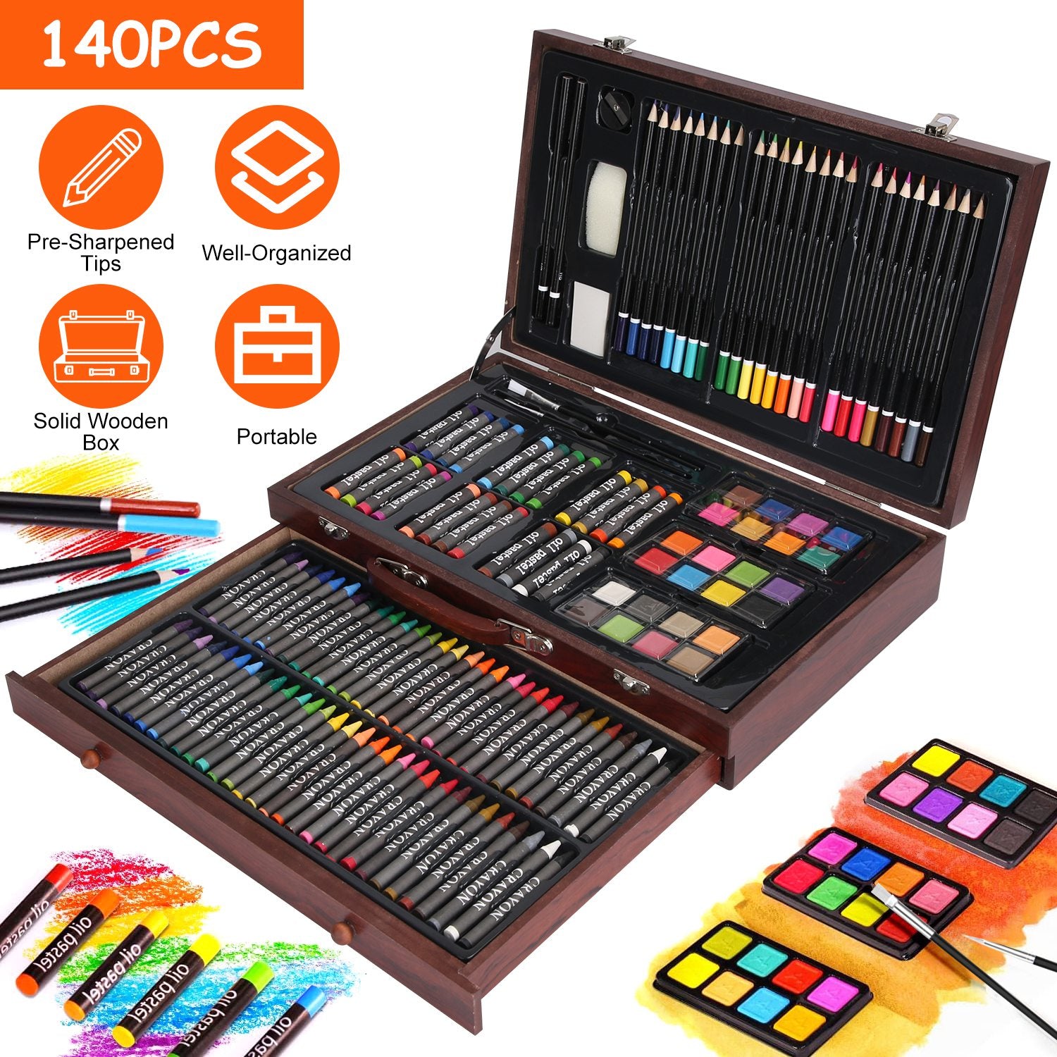 140Pcs Art Supplies With Colored Pencils Oil Pastels Crayons, Watercolor Cakes Brushes Sharpener Eraser In Elegant Wooden Box Professional Art Kit For Kids Adults Beginners Pros Office Supplies What Else You Got?