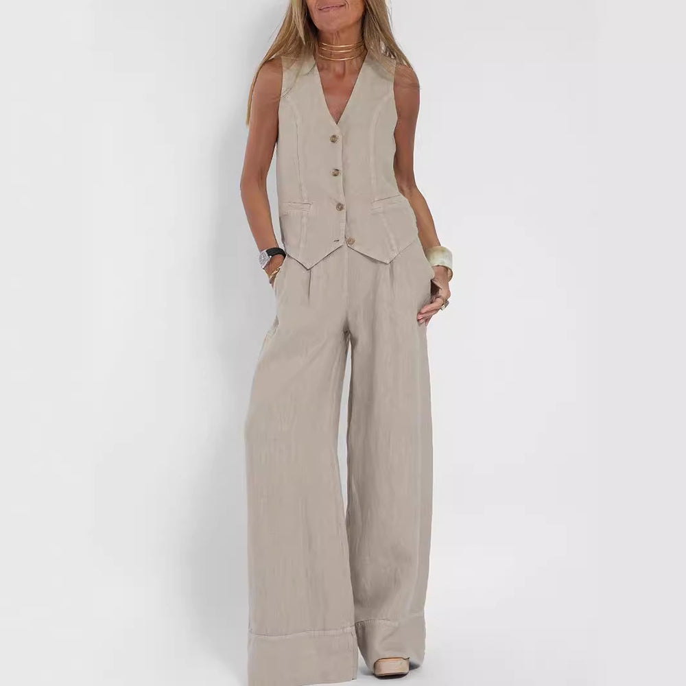 Summer Vest Suits V-neck Botton Sleeveless Top And Loose Straight Trousers Casual Womens Clothing What Else You Got?