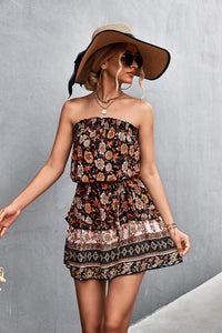 Vibrant Boho Floral Strapless Mini Dress – High Waist A-Line Beach Party Dress in Black & Orange