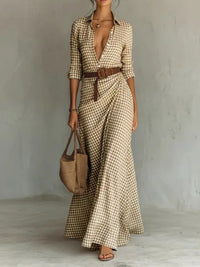 Elegant Women's Pleated Midi Dress with Belt – Slim-Fit Plaid Dress for Every Occasion