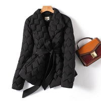 Women’s Winter Ripple-Stitch Jacket with Belt – Warm Quilted Coat