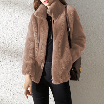 Cozy Women's Double-Faced Fleece Cardigan - High Neck & Versatile Fit