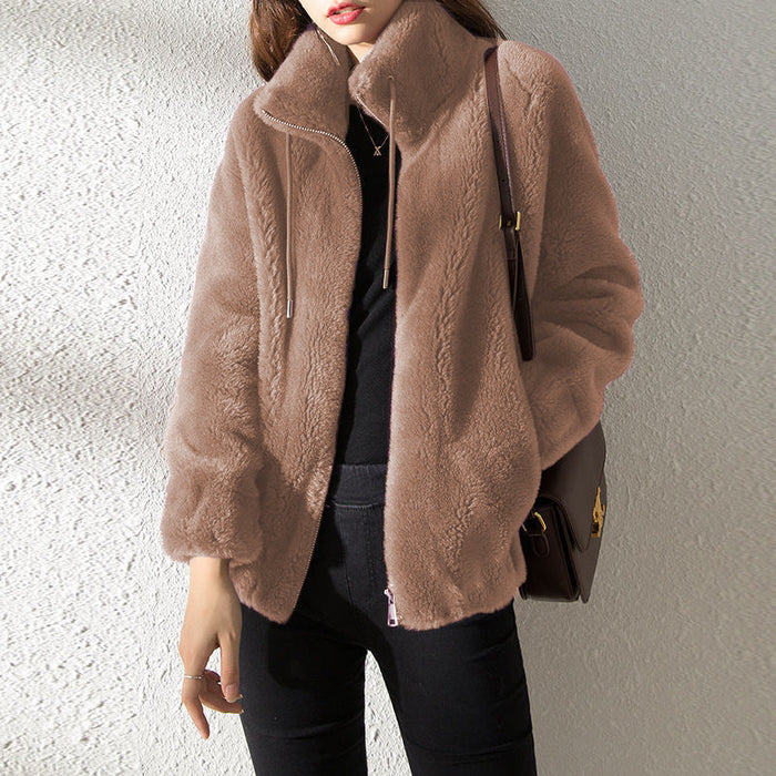 Cozy Women's Double-Faced Fleece Cardigan - High Neck & Versatile Fit