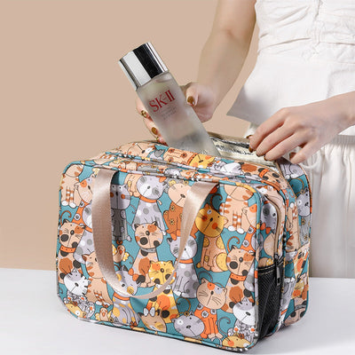 Double-Layer Travel Makeup Bag – Large Cosmetic Organizer with Cute Bear & Cat Designs