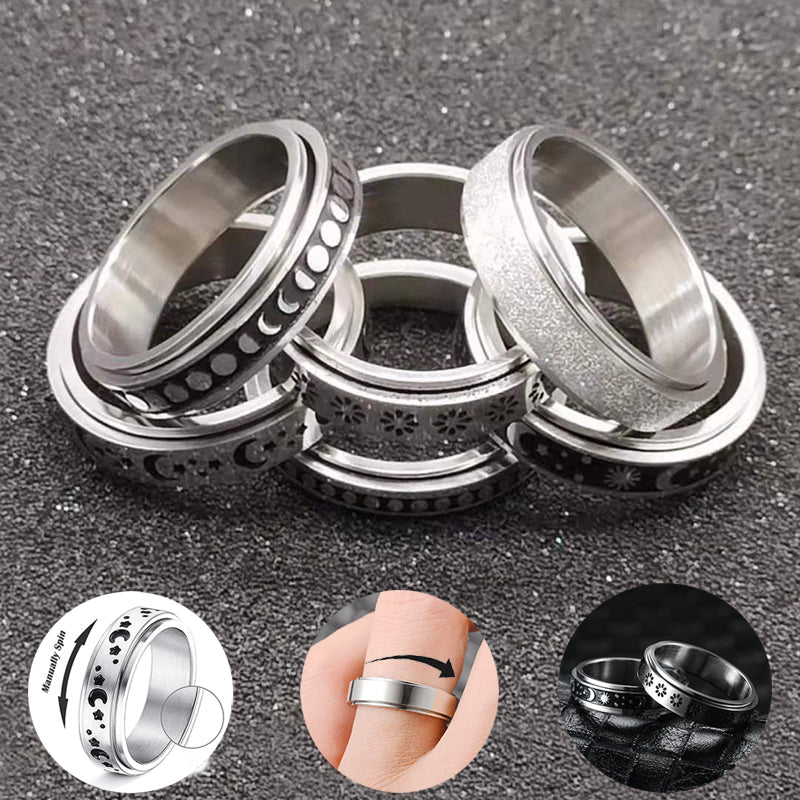 Stainless Steel Spinner Ring – Vintage Moon & Stars Fidget Ring for Stress Relief (Unisex, Rotatable)