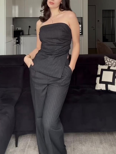 Women's Striped Tube Top & High-Waist Pants Set