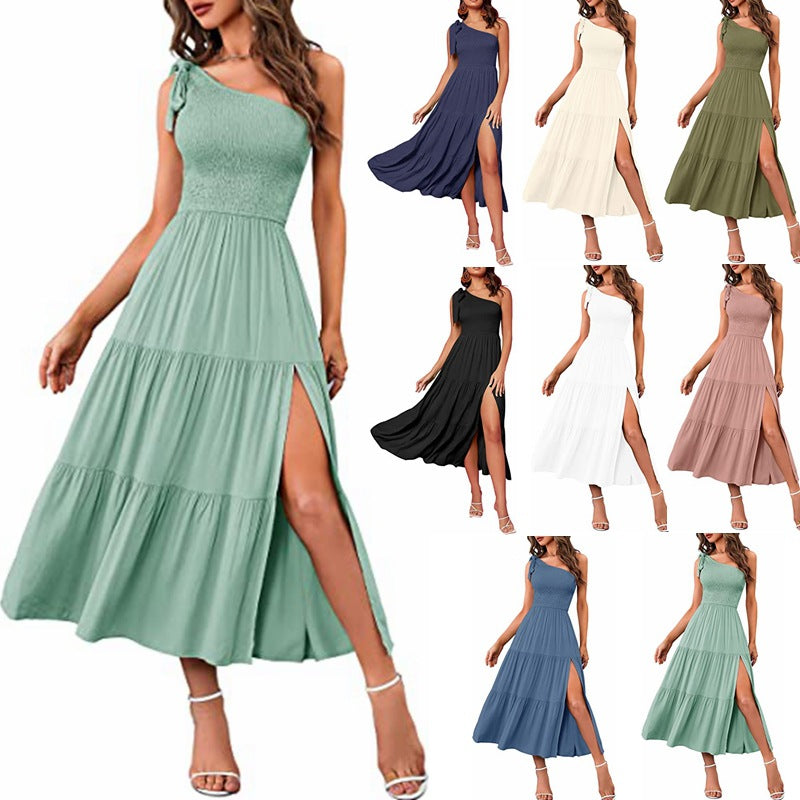 New Summer Fashion Women's One-shoulder Pleated Layered Hem Split Dress What Else You Got?